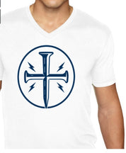 Men's White V-Neck with Navy Conduit Cross on front