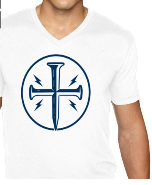 Men's White V-Neck with Navy Conduit Cross on front