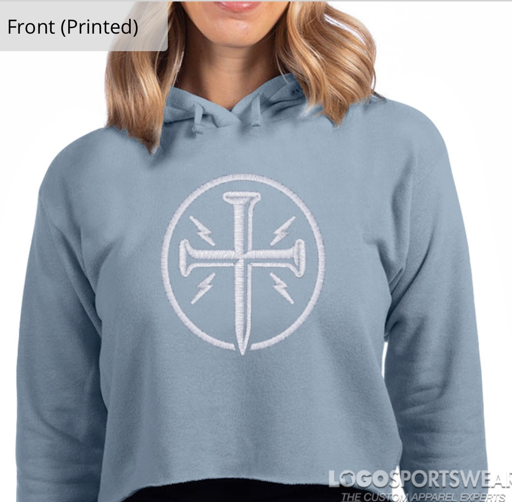 Womens Cropped Pullover Hooded Sweatshirt - Stonewash Denim color