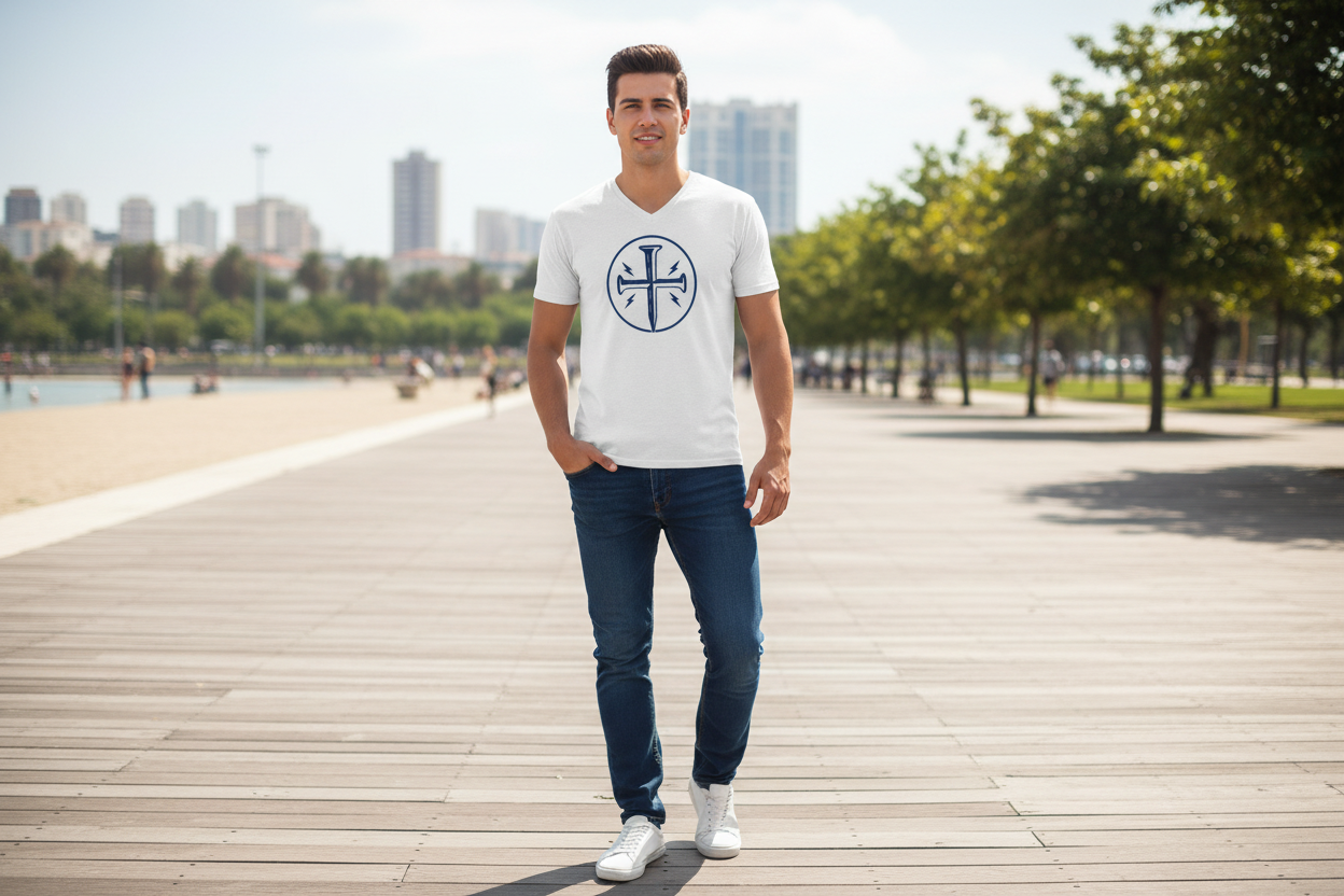 Men's White V-Neck with Navy Cross